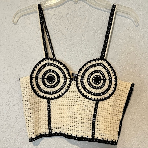 New Zara Crochet Corset Cream Black Top 1014/804 Medium Large - Picture 4 of 9